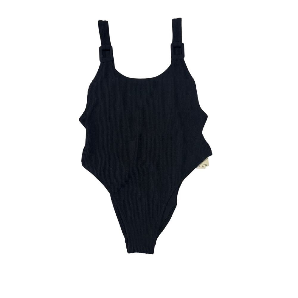NWT Sz L Aerie Real Good Black One Piece Cheekiest Swimsuit Ribbed Ring Detail